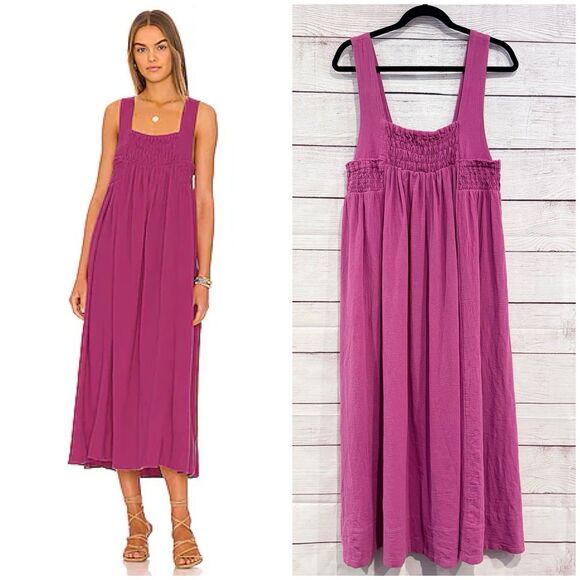 Free People Dresses & Skirts - Free People Delphine Midi Dress Pink Smocked Size Small Cotton Wide Strap Boho